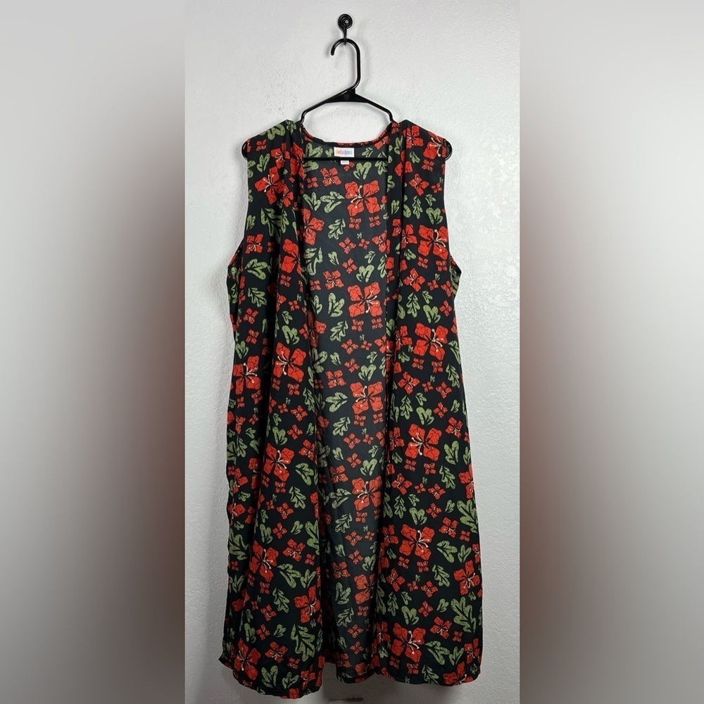 LuLaRoe Sz XL Floral Red Joy Long Vest Casual Sleeveless Lightweight TC0562